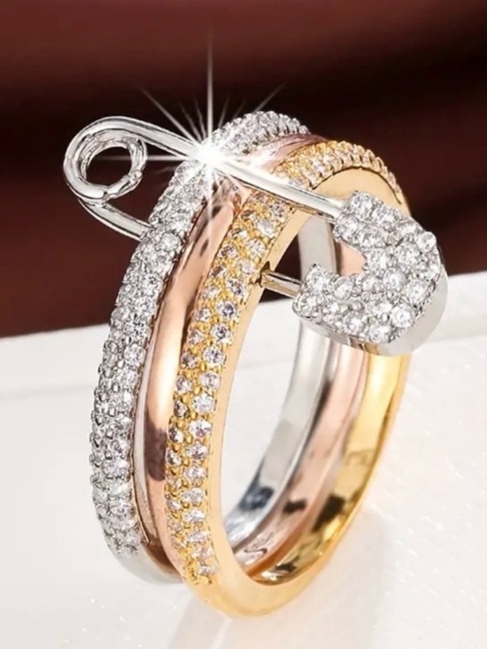 Jewelry - Tricolor CZ Safety Pin Ring - Rose Gold, Gold & Silver